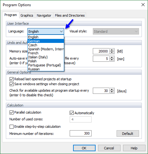 Program Options, Selecting Language